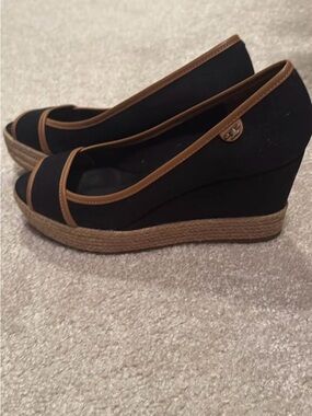 Tory Burch Black Espadrille Wedge with Brown Trim